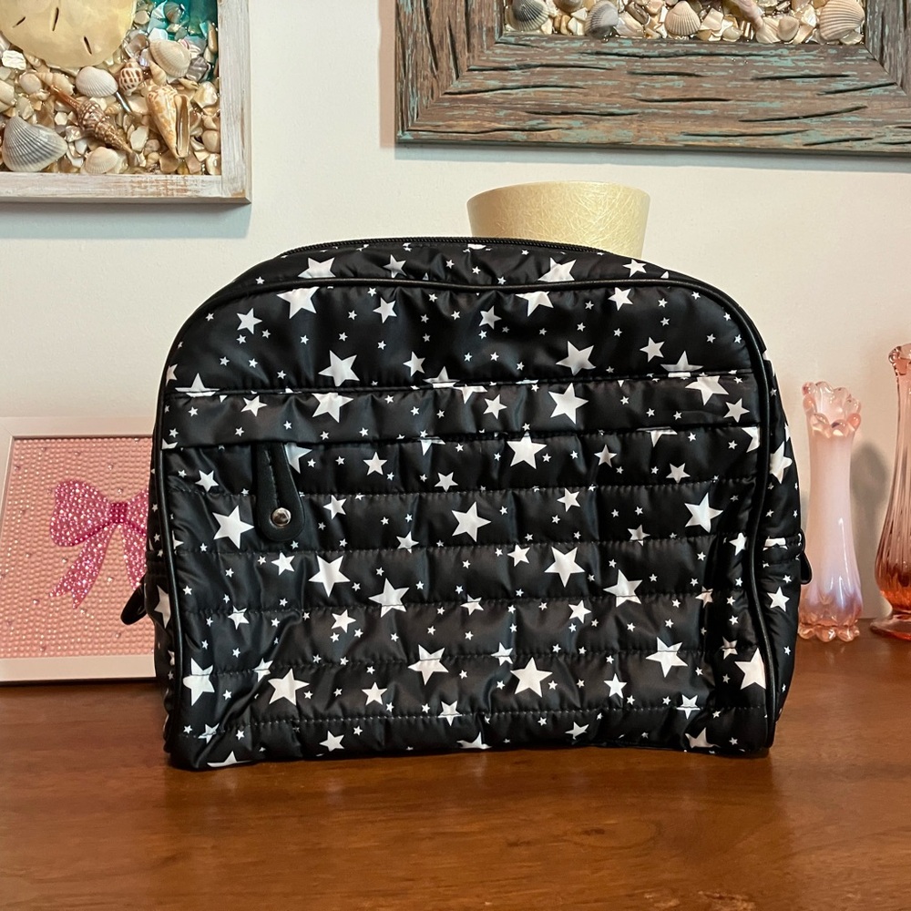 Sondra Roberts Squared Black Star Pattern Nylon Quilted Puffer Cosmetic Bag
